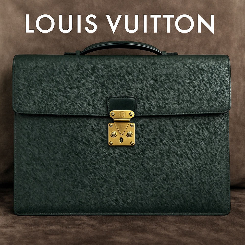 Vintage Louis Vuitton Taiga Serviette Kourad Briefcase Green Leather Bag w/ COA